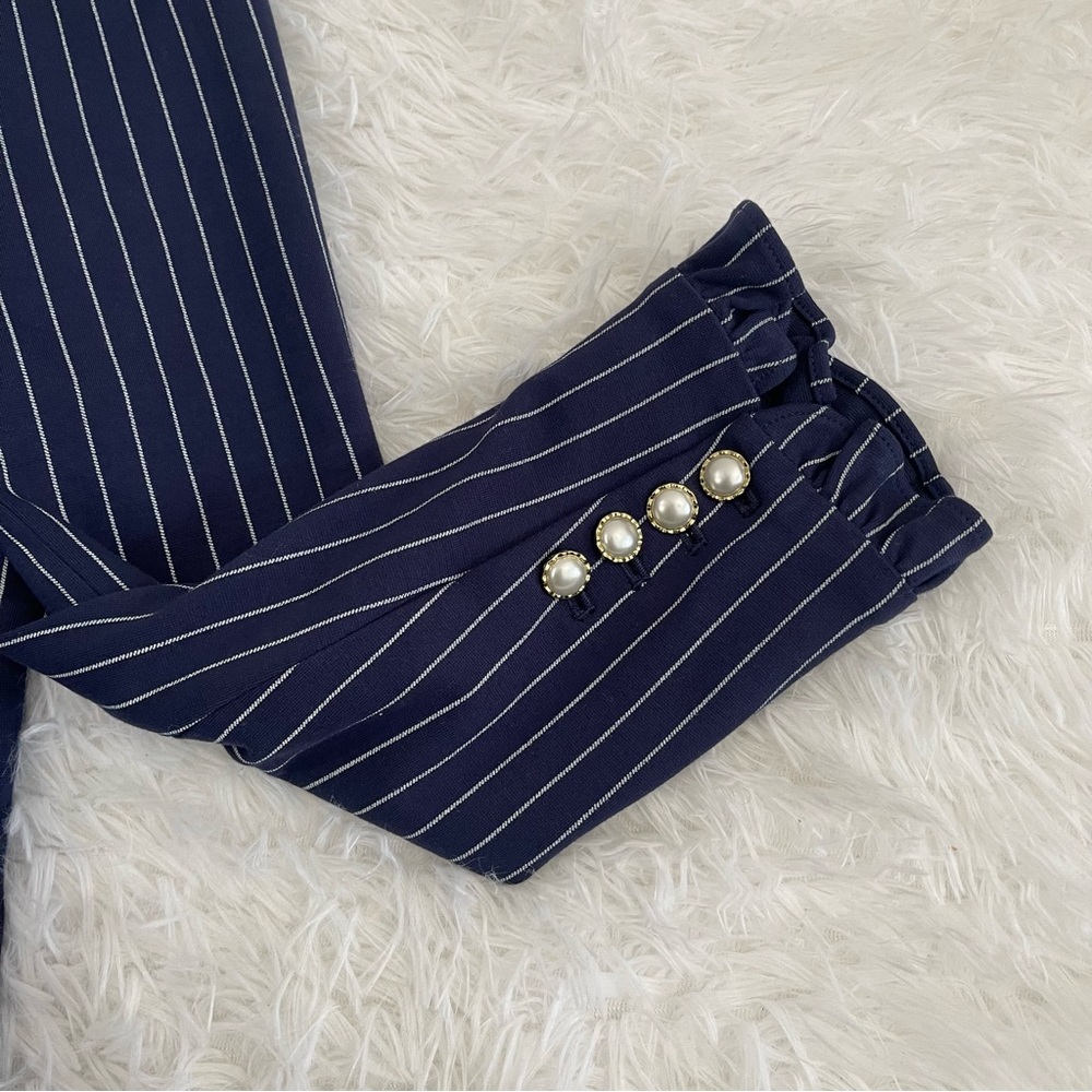 Chicos Blazer Jacket Womens 4/6 Navy White Pinstripe Ruffle Sleeve Office - Picture 5 of 10